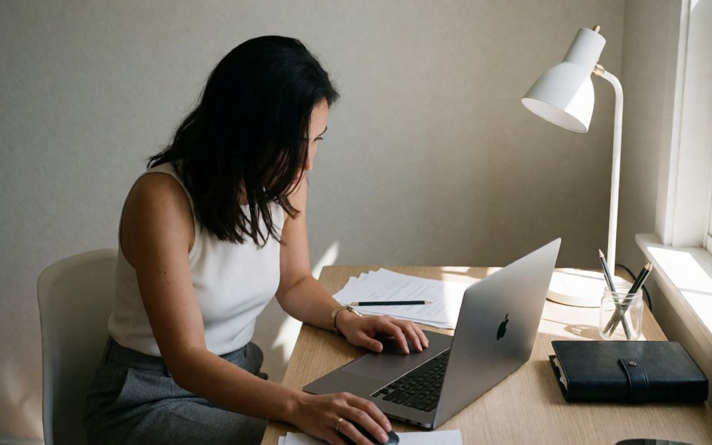 Una profesional trabajando con su computadora en su oficina.