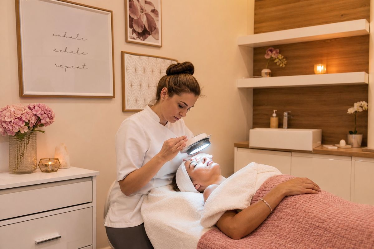 Una profesional de estética realizando un tratamiento facial en su consultorio.