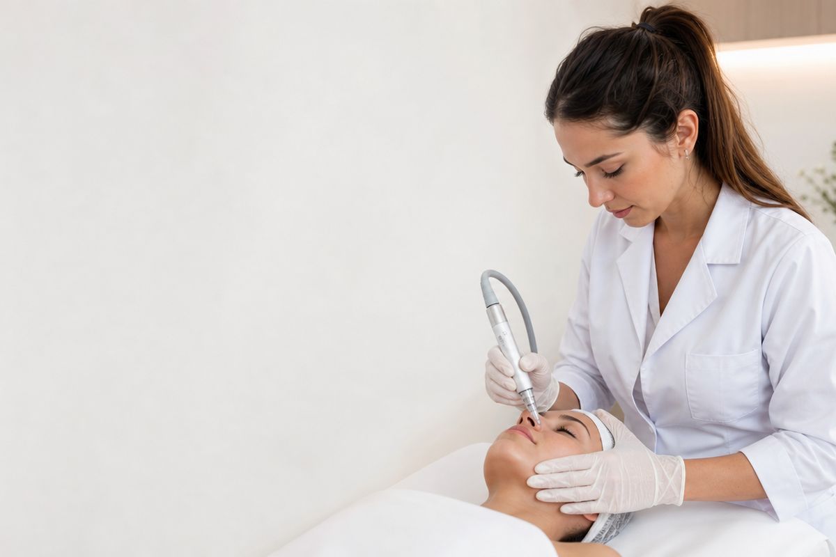 Una profesional de estética realizando un tratamiento facial en su consultorio.
