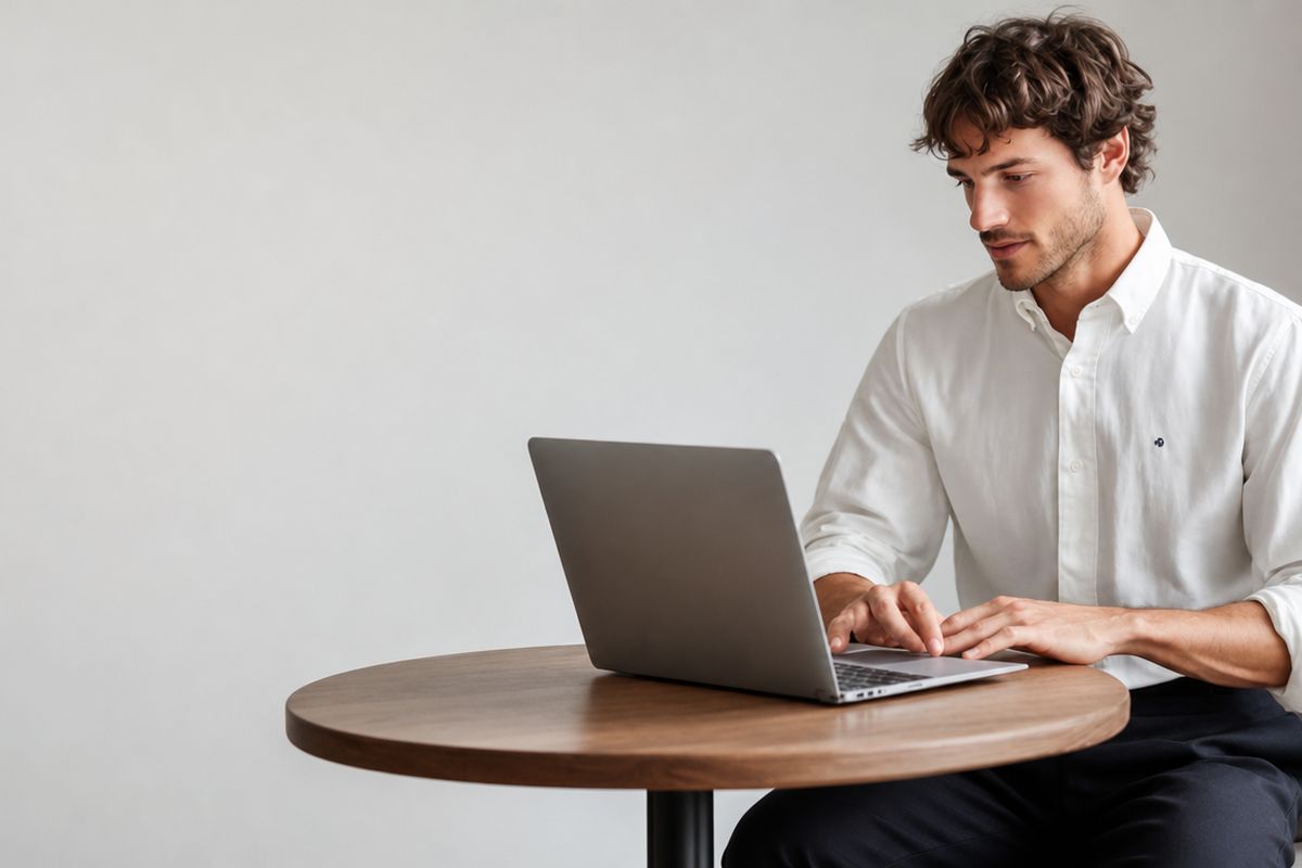 Un profesional trabajando con su computadora en una mesa de trabajo.