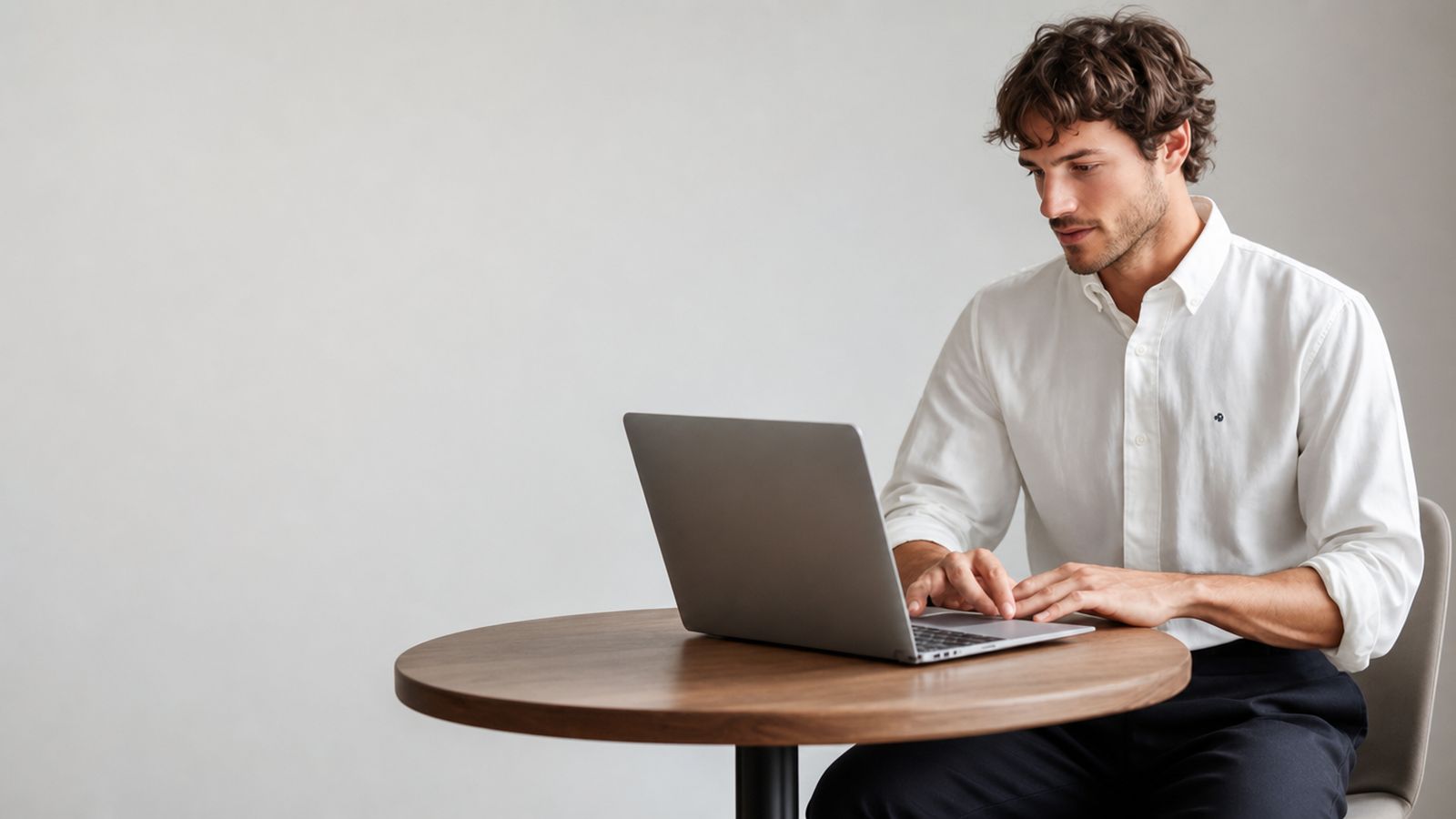 Un profesional trabajando con su computadora en una mesa de trabajo.